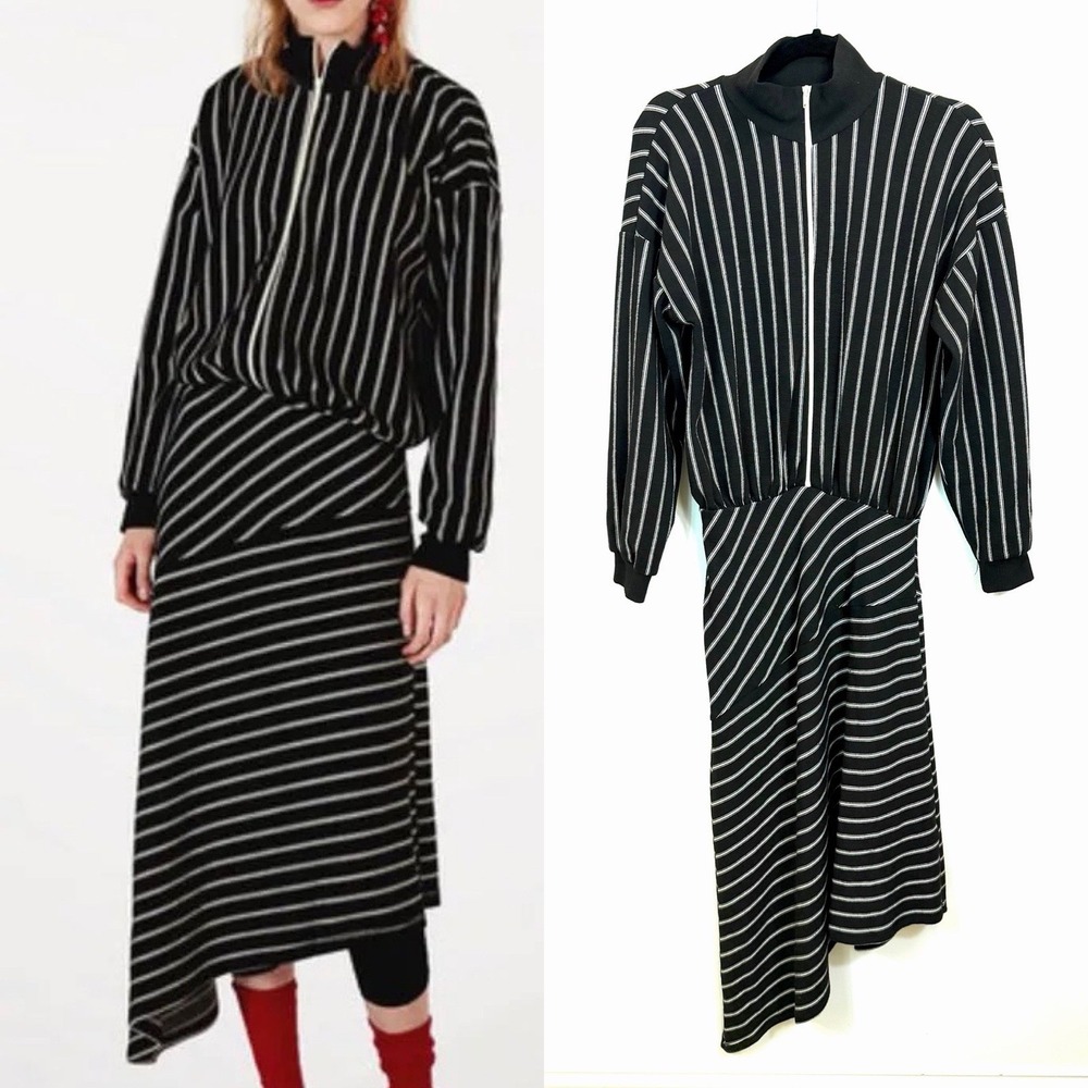 Zara Womens Trafaluc Small Knit Striped Sweater Dress 1/2 Zip‎ Asymmetrical